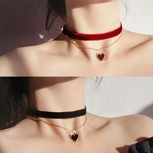 Elegant Heart Pendant Choker Necklace Set. 2 pcs red & black Necklace ❤️